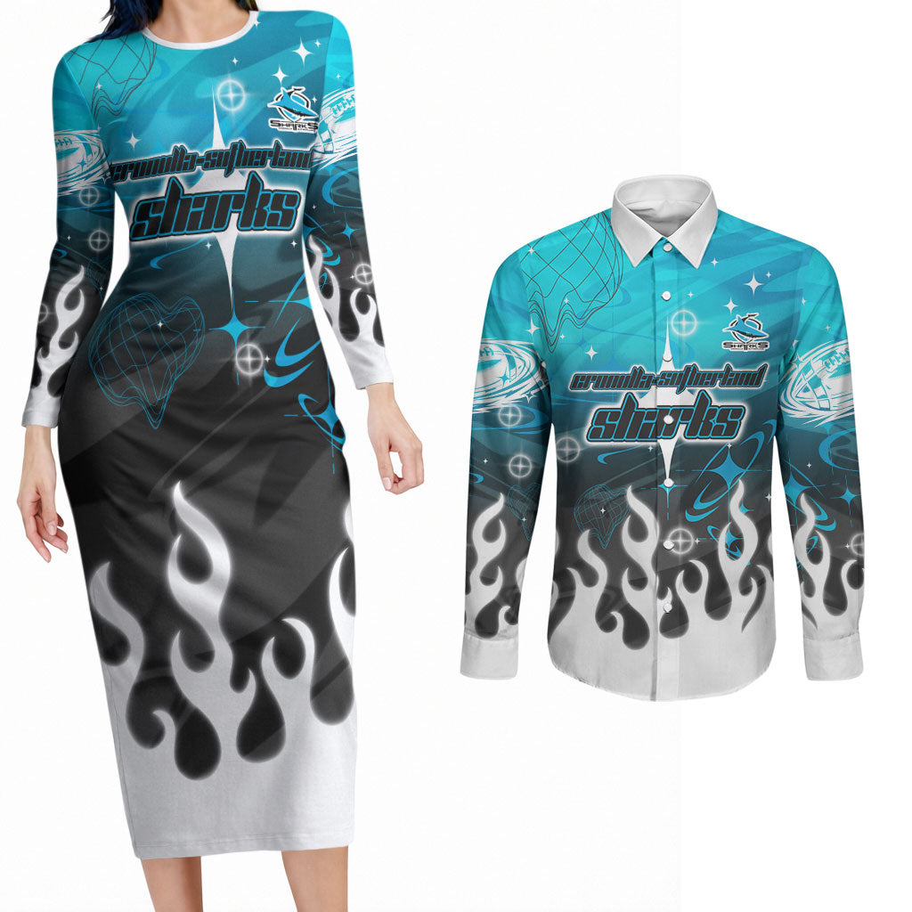 Personalized Cronulla-Sutherland Sharks Couples Matching Long Sleeve Bodycon Dress and Long Sleeve Button Shirt Y2K Grunge Aesthetic With Cyber Flames and Starburst Graphics