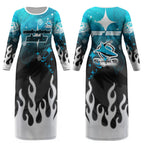 Personalized Cronulla-Sutherland Sharks Couples Matching Long Sleeve Bodycon Dress and Long Sleeve Button Shirt Y2K Grunge Aesthetic With Cyber Flames and Starburst Graphics