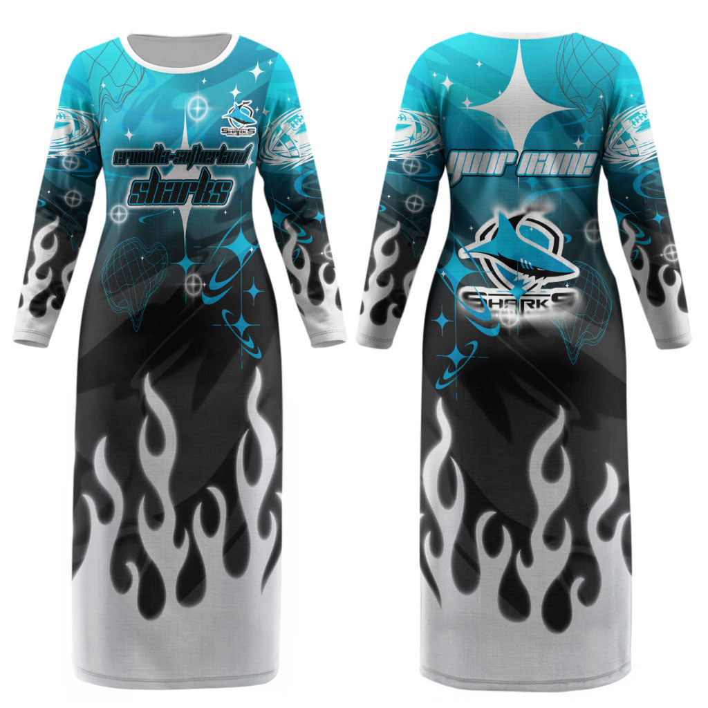 Personalized Cronulla-Sutherland Sharks Couples Matching Long Sleeve Bodycon Dress and Long Sleeve Button Shirt Y2K Grunge Aesthetic With Cyber Flames and Starburst Graphics