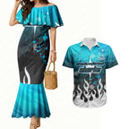 Personalized Cronulla-Sutherland Sharks Couples Matching Mermaid Dress and Hawaiian Shirt Y2K Grunge Aesthetic With Cyber Flames and Starburst Graphics