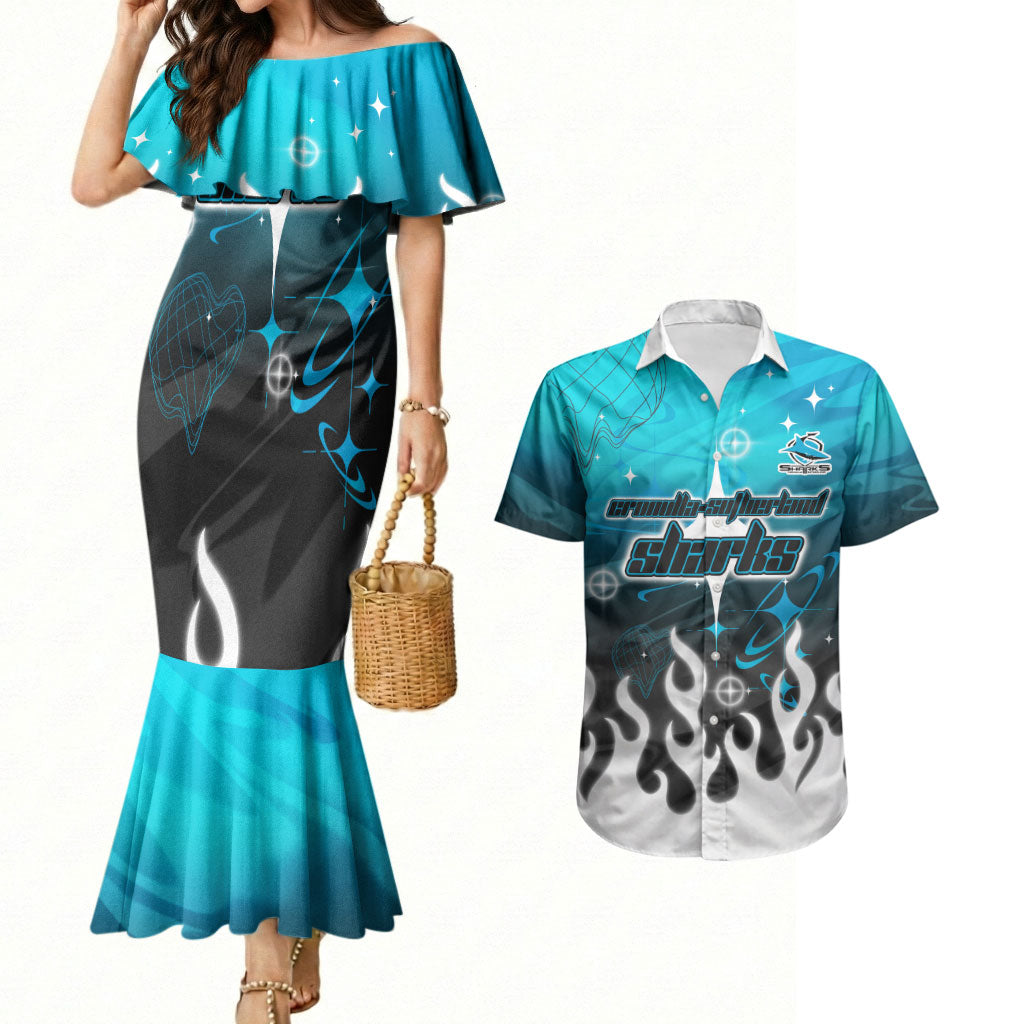 Personalized Cronulla-Sutherland Sharks Couples Matching Mermaid Dress and Hawaiian Shirt Y2K Grunge Aesthetic With Cyber Flames and Starburst Graphics