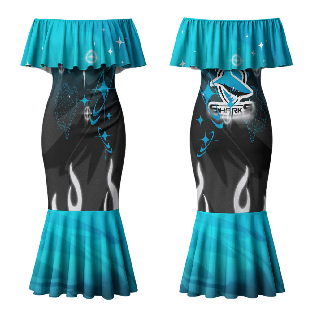 Personalized Cronulla-Sutherland Sharks Couples Matching Mermaid Dress and Hawaiian Shirt Y2K Grunge Aesthetic With Cyber Flames and Starburst Graphics