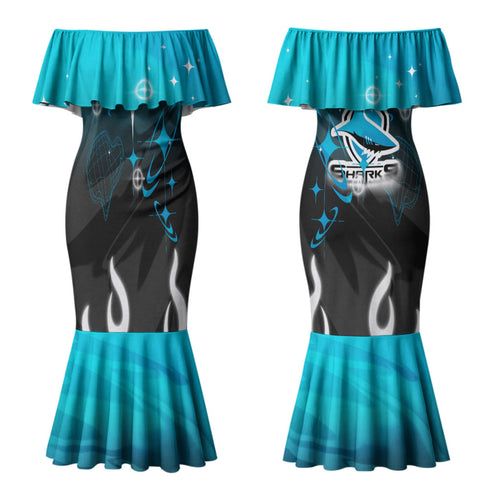 Personalized Cronulla-Sutherland Sharks Couples Matching Mermaid Dress and Hawaiian Shirt Y2K Grunge Aesthetic With Cyber Flames and Starburst Graphics