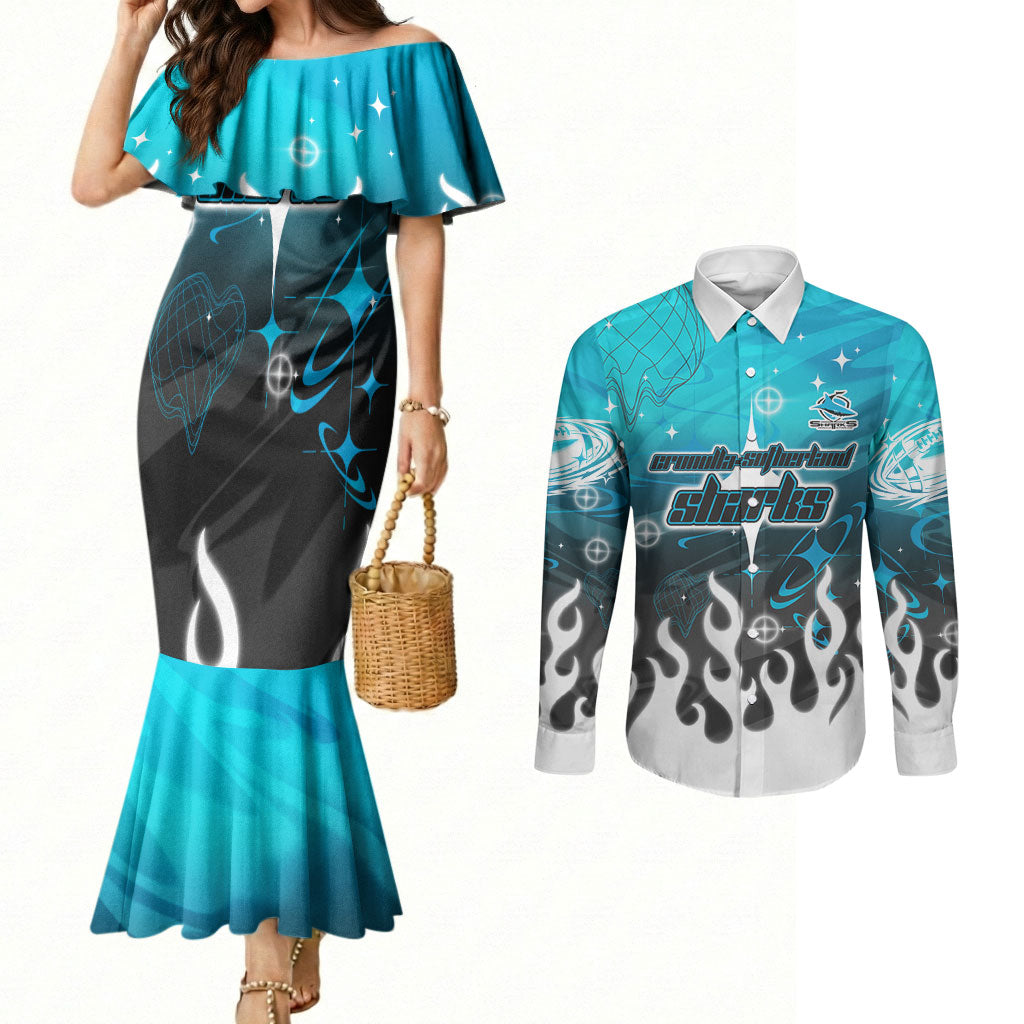 Personalized Cronulla-Sutherland Sharks Couples Matching Mermaid Dress and Long Sleeve Button Shirt Y2K Grunge Aesthetic With Cyber Flames and Starburst Graphics