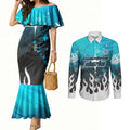 Personalized Cronulla-Sutherland Sharks Couples Matching Mermaid Dress and Long Sleeve Button Shirt Y2K Grunge Aesthetic With Cyber Flames and Starburst Graphics