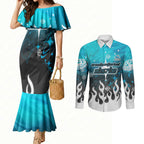 Personalized Cronulla-Sutherland Sharks Couples Matching Mermaid Dress and Long Sleeve Button Shirt Y2K Grunge Aesthetic With Cyber Flames and Starburst Graphics