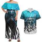 Personalized Cronulla-Sutherland Sharks Couples Matching Off Shoulder Maxi Dress and Hawaiian Shirt Y2K Grunge Aesthetic With Cyber Flames and Starburst Graphics