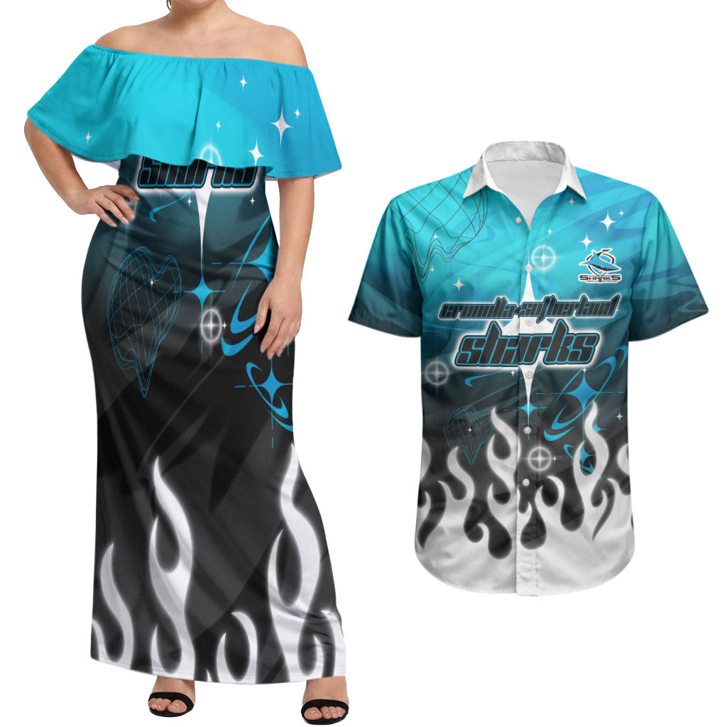 Personalized Cronulla-Sutherland Sharks Couples Matching Off Shoulder Maxi Dress and Hawaiian Shirt Y2K Grunge Aesthetic With Cyber Flames and Starburst Graphics