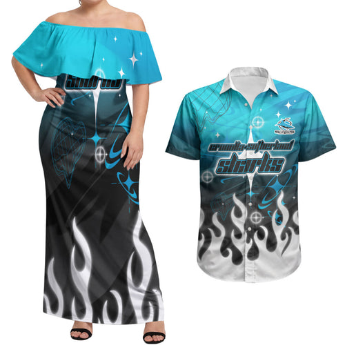Personalized Cronulla-Sutherland Sharks Couples Matching Off Shoulder Maxi Dress and Hawaiian Shirt Y2K Grunge Aesthetic With Cyber Flames and Starburst Graphics