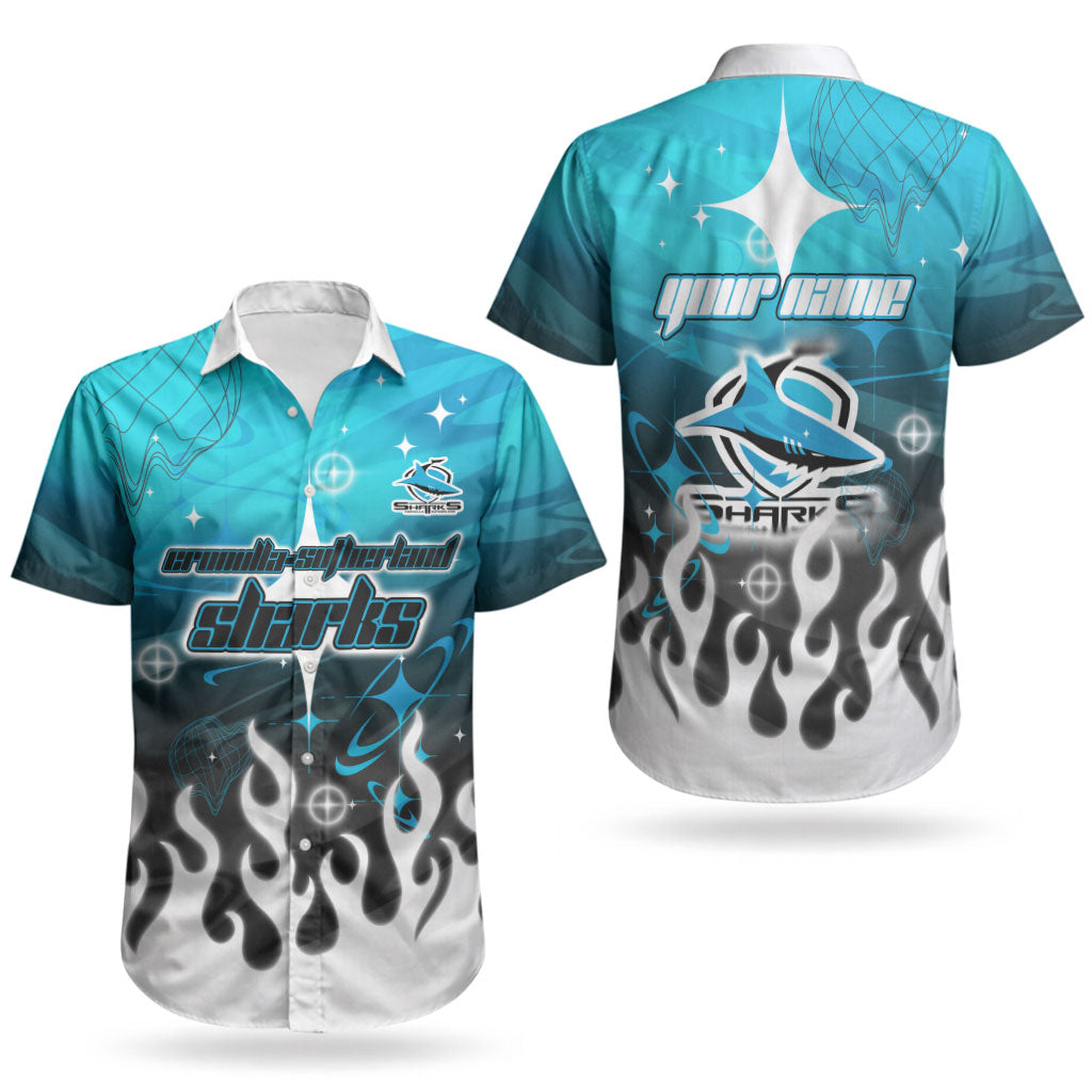 Personalized Cronulla-Sutherland Sharks Couples Matching Off Shoulder Maxi Dress and Hawaiian Shirt Y2K Grunge Aesthetic With Cyber Flames and Starburst Graphics