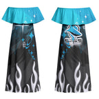 Personalized Cronulla-Sutherland Sharks Couples Matching Off Shoulder Maxi Dress and Hawaiian Shirt Y2K Grunge Aesthetic With Cyber Flames and Starburst Graphics