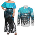 Personalized Cronulla-Sutherland Sharks Couples Matching Off Shoulder Maxi Dress and Long Sleeve Button Shirt Y2K Grunge Aesthetic With Cyber Flames and Starburst Graphics