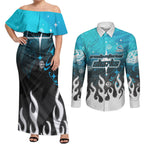 Personalized Cronulla-Sutherland Sharks Couples Matching Off Shoulder Maxi Dress and Long Sleeve Button Shirt Y2K Grunge Aesthetic With Cyber Flames and Starburst Graphics