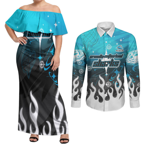 Personalized Cronulla-Sutherland Sharks Couples Matching Off Shoulder Maxi Dress and Long Sleeve Button Shirt Y2K Grunge Aesthetic With Cyber Flames and Starburst Graphics