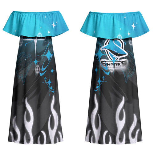 Personalized Cronulla-Sutherland Sharks Couples Matching Off Shoulder Maxi Dress and Long Sleeve Button Shirt Y2K Grunge Aesthetic With Cyber Flames and Starburst Graphics