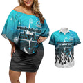 Personalized Cronulla-Sutherland Sharks Couples Matching Off Shoulder Short Dress and Hawaiian Shirt Y2K Grunge Aesthetic With Cyber Flames and Starburst Graphics