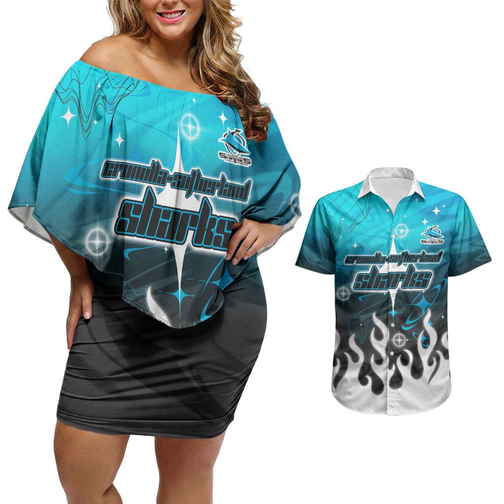Personalized Cronulla-Sutherland Sharks Couples Matching Off Shoulder Short Dress and Hawaiian Shirt Y2K Grunge Aesthetic With Cyber Flames and Starburst Graphics