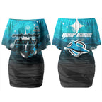 Personalized Cronulla-Sutherland Sharks Couples Matching Off Shoulder Short Dress and Hawaiian Shirt Y2K Grunge Aesthetic With Cyber Flames and Starburst Graphics
