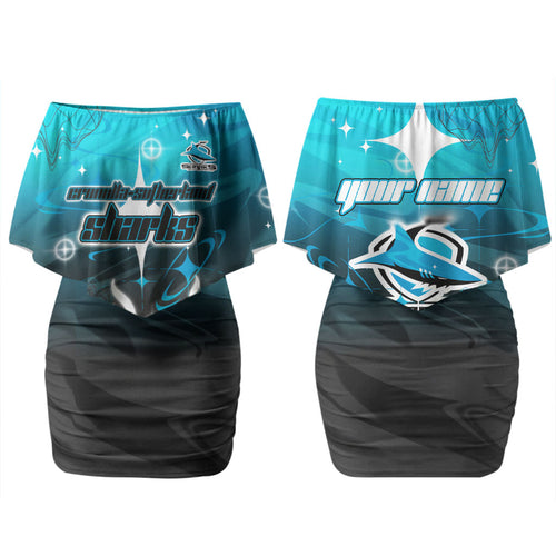 Personalized Cronulla-Sutherland Sharks Couples Matching Off Shoulder Short Dress and Hawaiian Shirt Y2K Grunge Aesthetic With Cyber Flames and Starburst Graphics