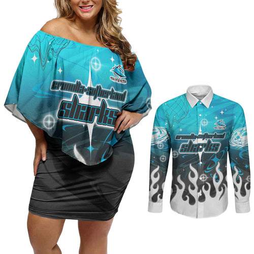 Personalized Cronulla-Sutherland Sharks Couples Matching Off Shoulder Short Dress and Long Sleeve Button Shirt Y2K Grunge Aesthetic With Cyber Flames and Starburst Graphics