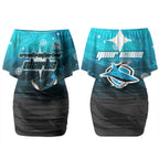 Personalized Cronulla-Sutherland Sharks Couples Matching Off Shoulder Short Dress and Long Sleeve Button Shirt Y2K Grunge Aesthetic With Cyber Flames and Starburst Graphics