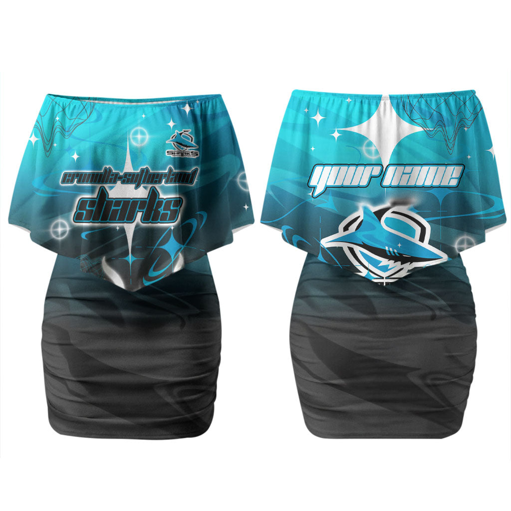 Personalized Cronulla-Sutherland Sharks Couples Matching Off Shoulder Short Dress and Long Sleeve Button Shirt Y2K Grunge Aesthetic With Cyber Flames and Starburst Graphics