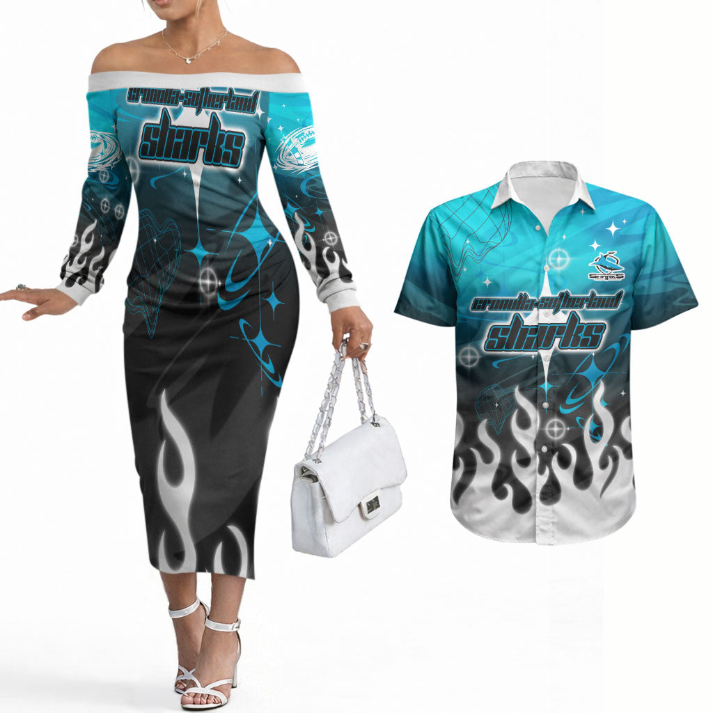 Personalized Cronulla-Sutherland Sharks Couples Matching Off The Shoulder Long Sleeve Dress and Hawaiian Shirt Y2K Grunge Aesthetic With Cyber Flames and Starburst Graphics