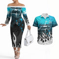 Personalized Cronulla-Sutherland Sharks Couples Matching Off The Shoulder Long Sleeve Dress and Hawaiian Shirt Y2K Grunge Aesthetic With Cyber Flames and Starburst Graphics