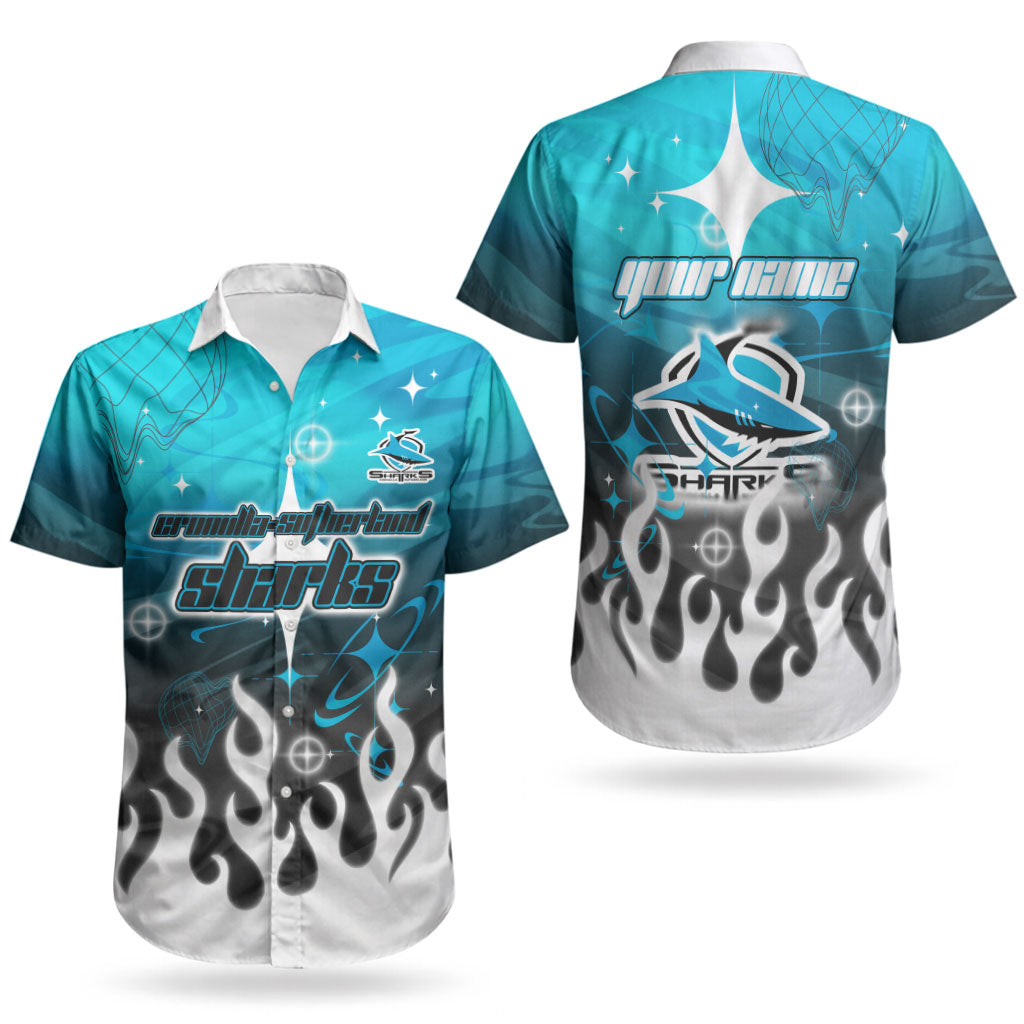 Personalized Cronulla-Sutherland Sharks Couples Matching Off The Shoulder Long Sleeve Dress and Hawaiian Shirt Y2K Grunge Aesthetic With Cyber Flames and Starburst Graphics