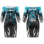 Personalized Cronulla-Sutherland Sharks Couples Matching Off The Shoulder Long Sleeve Dress and Hawaiian Shirt Y2K Grunge Aesthetic With Cyber Flames and Starburst Graphics