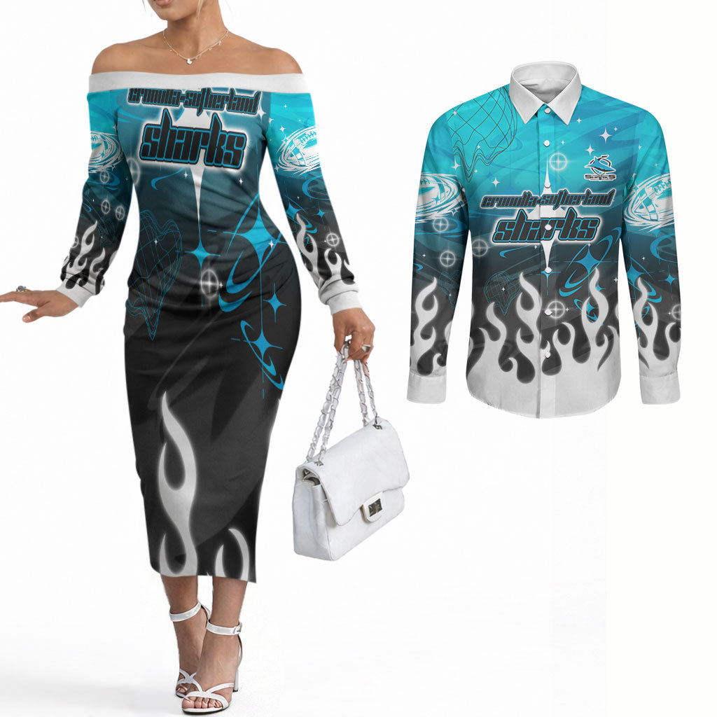 Personalized Cronulla-Sutherland Sharks Couples Matching Off The Shoulder Long Sleeve Dress and Long Sleeve Button Shirt Y2K Grunge Aesthetic With Cyber Flames and Starburst Graphics