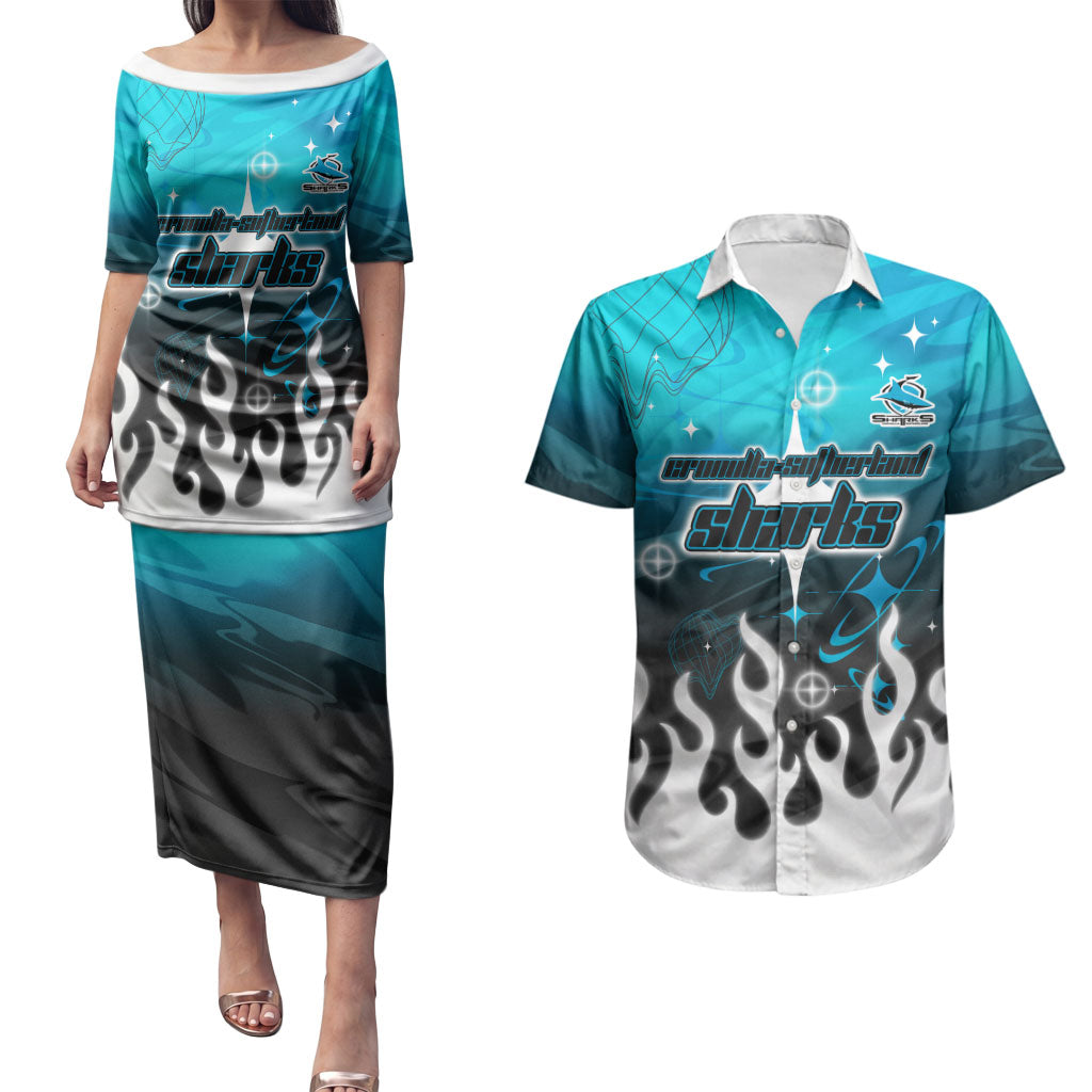 Personalized Cronulla-Sutherland Sharks Couples Matching Puletasi and Hawaiian Shirt Y2K Grunge Aesthetic With Cyber Flames and Starburst Graphics