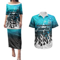 Personalized Cronulla-Sutherland Sharks Couples Matching Puletasi and Hawaiian Shirt Y2K Grunge Aesthetic With Cyber Flames and Starburst Graphics
