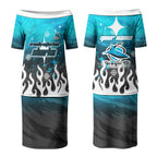 Personalized Cronulla-Sutherland Sharks Couples Matching Puletasi and Hawaiian Shirt Y2K Grunge Aesthetic With Cyber Flames and Starburst Graphics