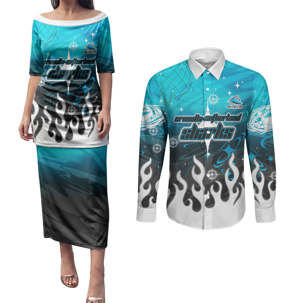 Personalized Cronulla-Sutherland Sharks Couples Matching Puletasi and Long Sleeve Button Shirt Y2K Grunge Aesthetic With Cyber Flames and Starburst Graphics