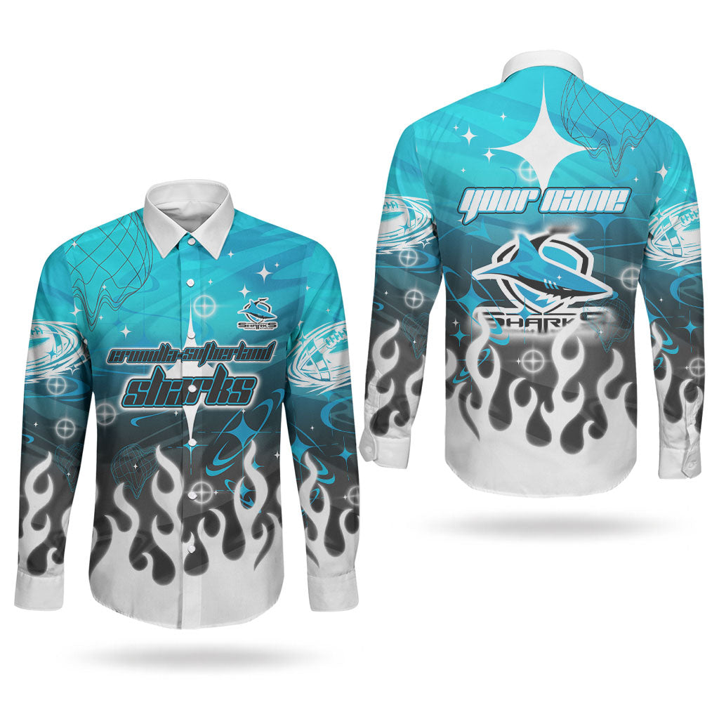 Personalized Cronulla-Sutherland Sharks Couples Matching Puletasi and Long Sleeve Button Shirt Y2K Grunge Aesthetic With Cyber Flames and Starburst Graphics