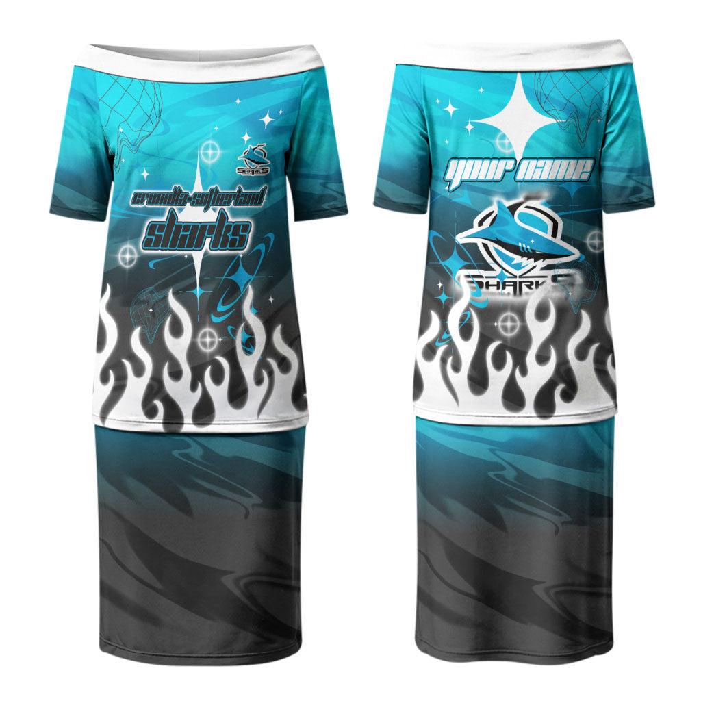 Personalized Cronulla-Sutherland Sharks Couples Matching Puletasi and Long Sleeve Button Shirt Y2K Grunge Aesthetic With Cyber Flames and Starburst Graphics