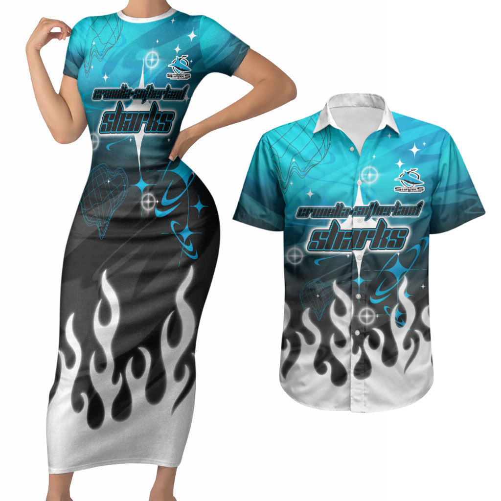 Personalized Cronulla-Sutherland Sharks Couples Matching Short Sleeve Bodycon Dress and Hawaiian Shirt Y2K Grunge Aesthetic With Cyber Flames and Starburst Graphics