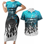 Personalized Cronulla-Sutherland Sharks Couples Matching Short Sleeve Bodycon Dress and Hawaiian Shirt Y2K Grunge Aesthetic With Cyber Flames and Starburst Graphics