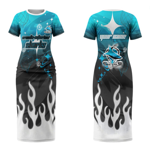 Personalized Cronulla-Sutherland Sharks Couples Matching Short Sleeve Bodycon Dress and Hawaiian Shirt Y2K Grunge Aesthetic With Cyber Flames and Starburst Graphics