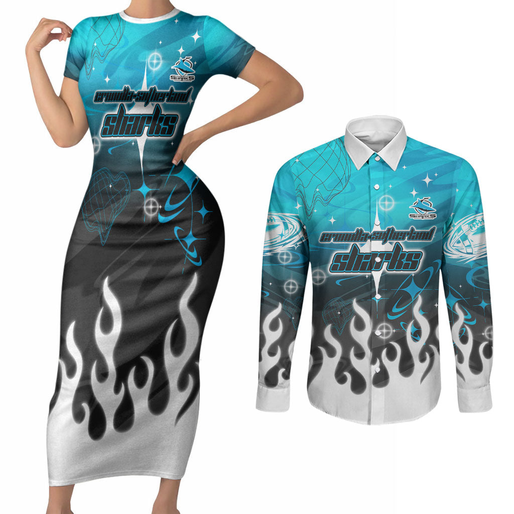 Personalized Cronulla-Sutherland Sharks Couples Matching Short Sleeve Bodycon Dress and Long Sleeve Button Shirt Y2K Grunge Aesthetic With Cyber Flames and Starburst Graphics