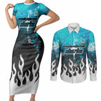 Personalized Cronulla-Sutherland Sharks Couples Matching Short Sleeve Bodycon Dress and Long Sleeve Button Shirt Y2K Grunge Aesthetic With Cyber Flames and Starburst Graphics