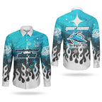 Personalized Cronulla-Sutherland Sharks Couples Matching Short Sleeve Bodycon Dress and Long Sleeve Button Shirt Y2K Grunge Aesthetic With Cyber Flames and Starburst Graphics