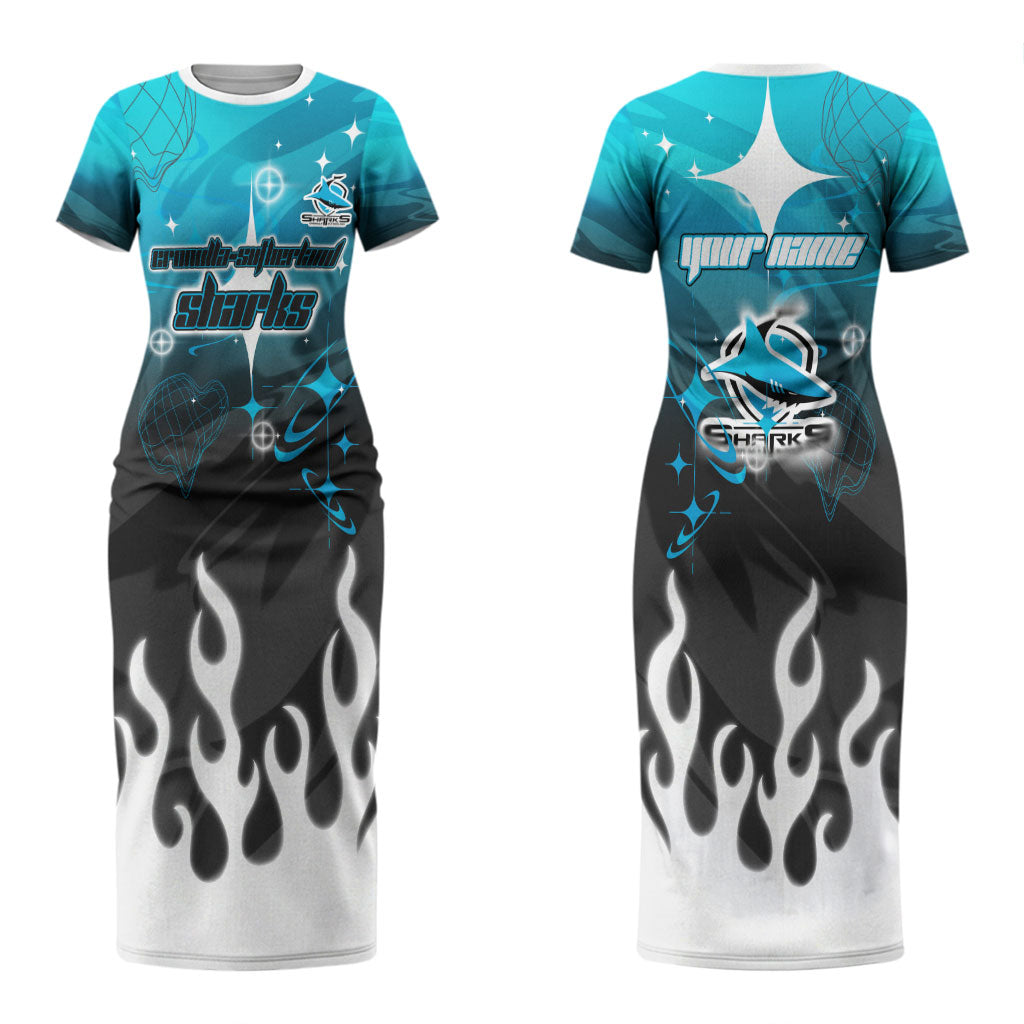 Personalized Cronulla-Sutherland Sharks Couples Matching Short Sleeve Bodycon Dress and Long Sleeve Button Shirt Y2K Grunge Aesthetic With Cyber Flames and Starburst Graphics