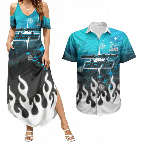 Personalized Cronulla-Sutherland Sharks Couples Matching Summer Maxi Dress and Hawaiian Shirt Y2K Grunge Aesthetic With Cyber Flames and Starburst Graphics