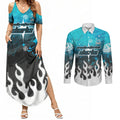 Personalized Cronulla-Sutherland Sharks Couples Matching Summer Maxi Dress and Long Sleeve Button Shirt Y2K Grunge Aesthetic With Cyber Flames and Starburst Graphics