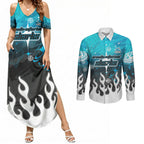 Personalized Cronulla-Sutherland Sharks Couples Matching Summer Maxi Dress and Long Sleeve Button Shirt Y2K Grunge Aesthetic With Cyber Flames and Starburst Graphics