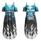 Personalized Cronulla-Sutherland Sharks Couples Matching Summer Maxi Dress and Long Sleeve Button Shirt Y2K Grunge Aesthetic With Cyber Flames and Starburst Graphics