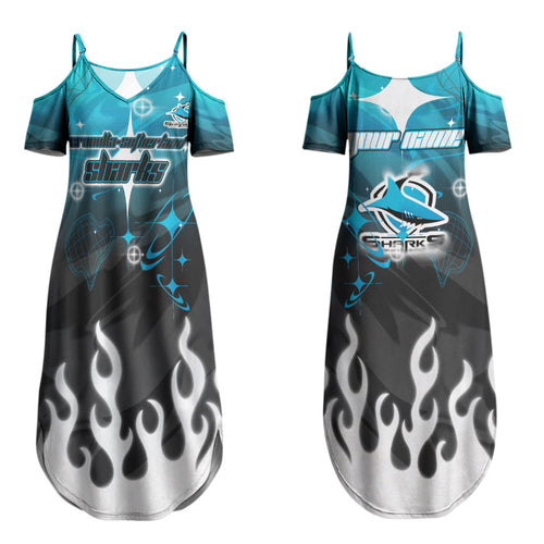 Personalized Cronulla-Sutherland Sharks Couples Matching Summer Maxi Dress and Long Sleeve Button Shirt Y2K Grunge Aesthetic With Cyber Flames and Starburst Graphics