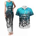 Personalized Cronulla-Sutherland Sharks Couples Matching Tank Maxi Dress and Hawaiian Shirt Y2K Grunge Aesthetic With Cyber Flames and Starburst Graphics